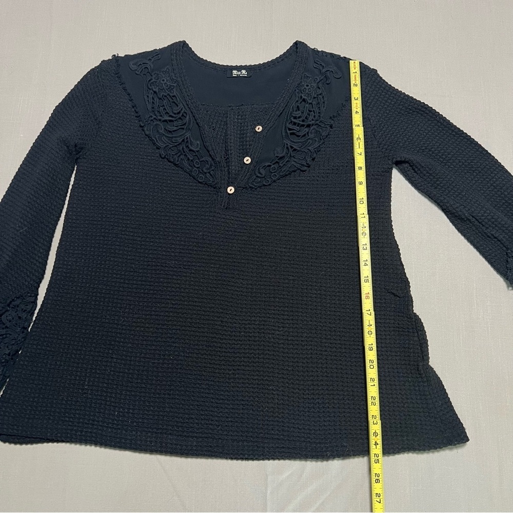 Miss Me Open Weave Waffle Knit Henley Top Crochet Details Summer Sweater Layer - Picture 9 of 12